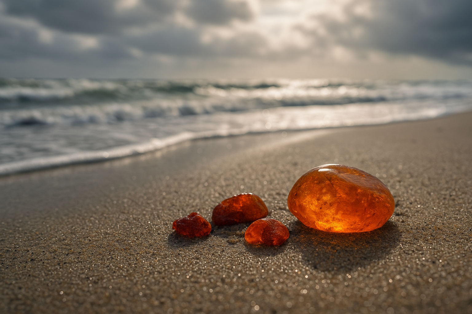 Mehrere Bernsteinstücke, darunter ein großes und drei kleine, liegen am Sandstrand in der Nähe der Meereswellen unter einem bewölkten Himmel.
