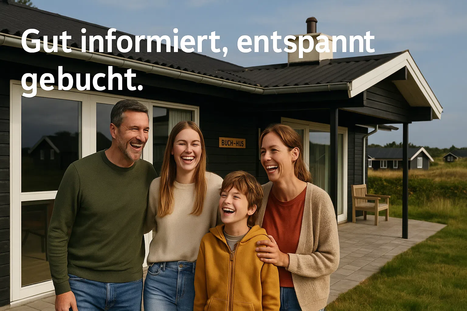 Familie vor Ferienhaus - Gut informiert entspannt gebucht