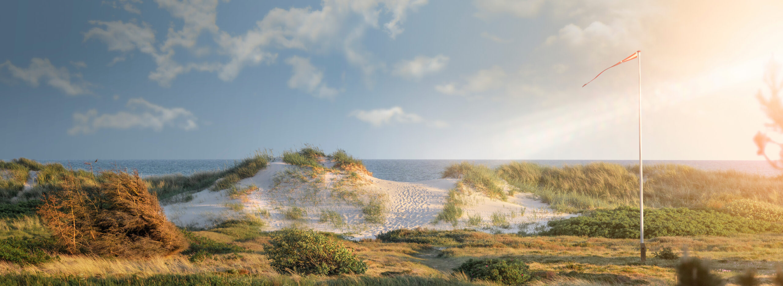 Eine Flagge weht über einer Sanddüne am Meer.