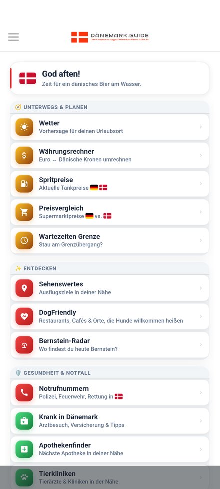 Hauptmenü der Dänemark.Guide App